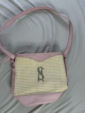 Steve Madden Women’s Pink Straw-Accent Crossbody Bag